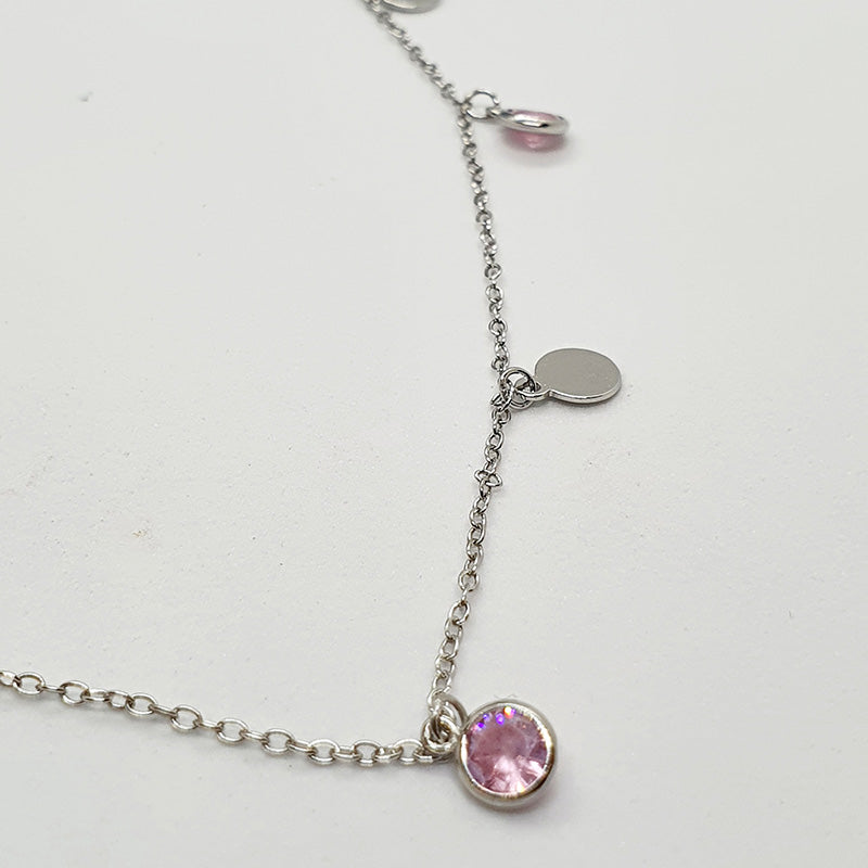 Disc charm necklace with silver discs and CZ - Pink CZ image